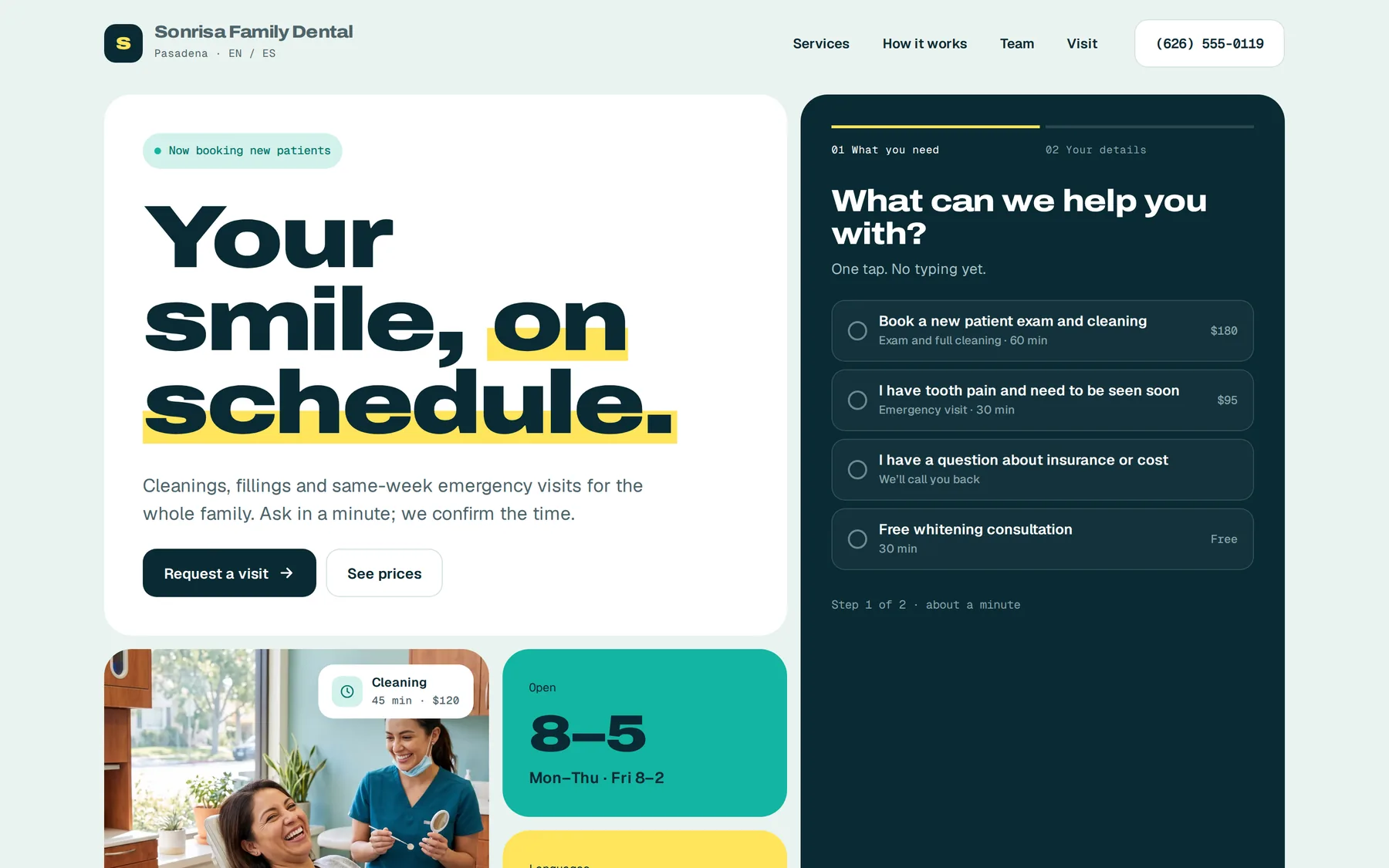 A clinic landing page with a short booking form