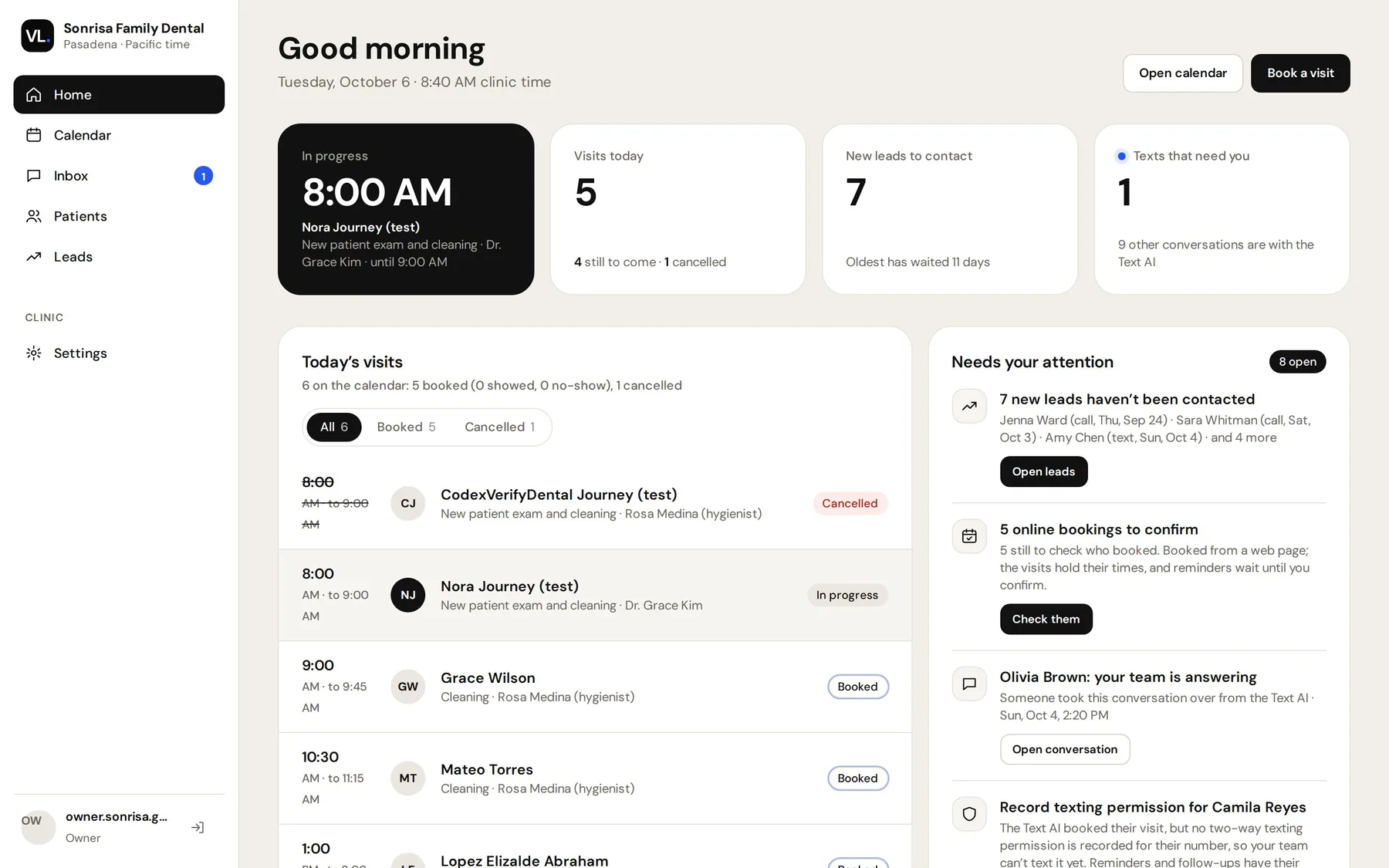 The clinic home screen: today's appointments, new leads and what needs attention